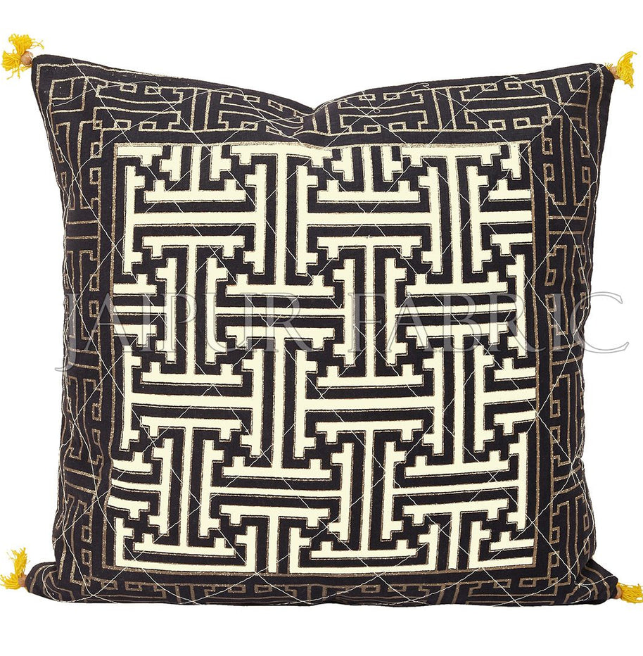 Cream Base Black Border Maze Design Cotton Cushion Cover