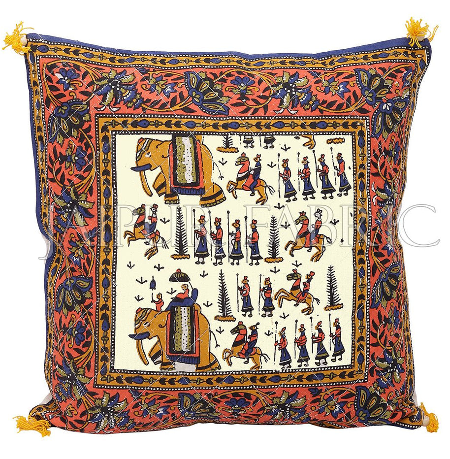 Cream Base Orange Border Rajasthani Barat Print Cotton Cushion cover