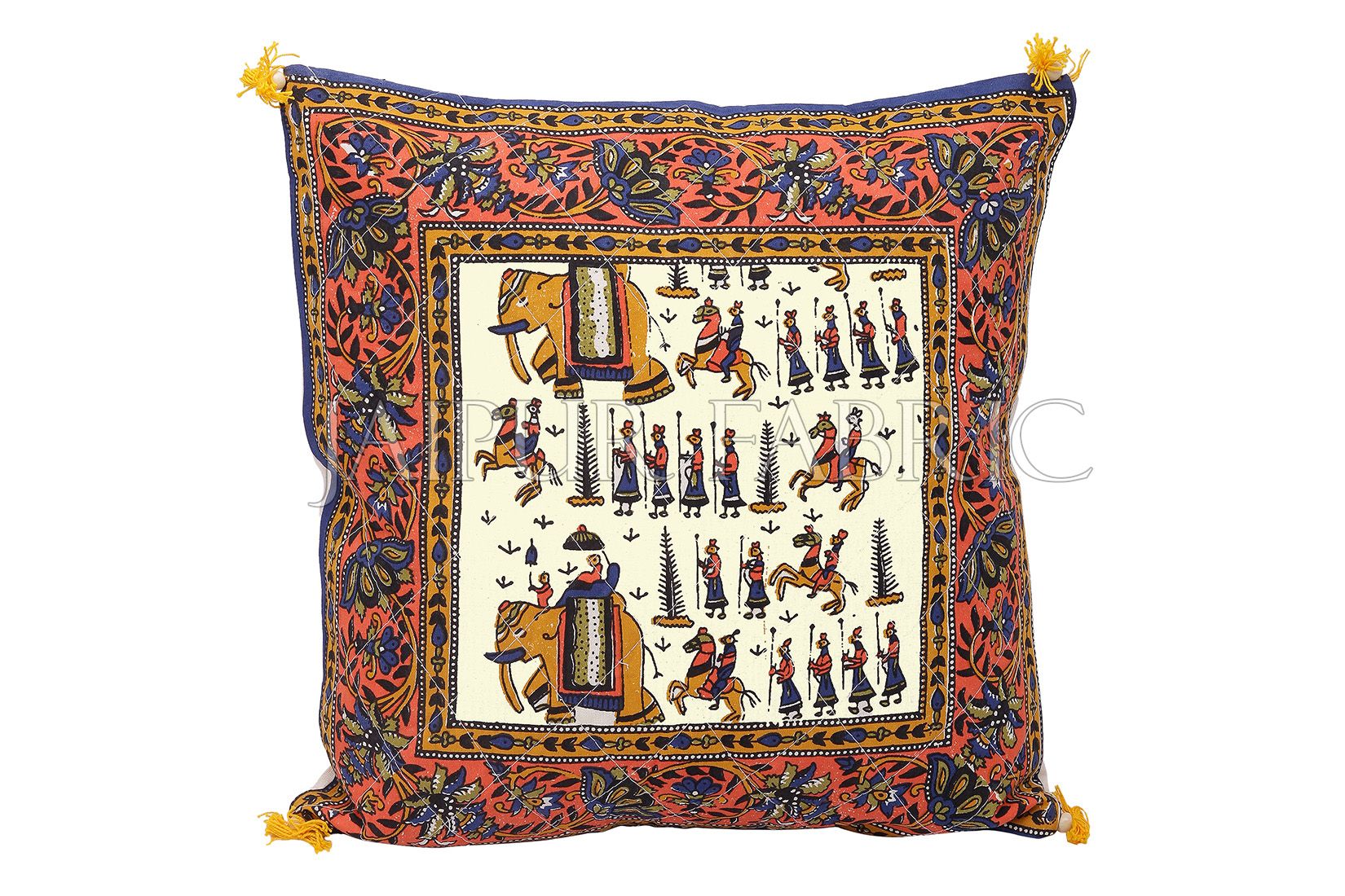 Cream Base Orange Border Rajasthani Barat Print Cotton Cushion cover