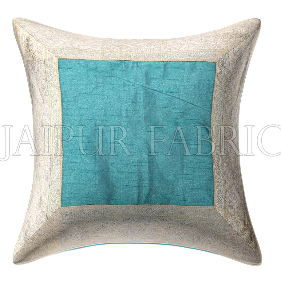 Sky Blue Base White Gota Work Border Cotton Satin Silk Cushion Cover