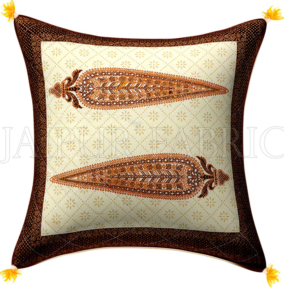 Cream Base Golden Leaves Brown Border   Cotton  Cushion Cover