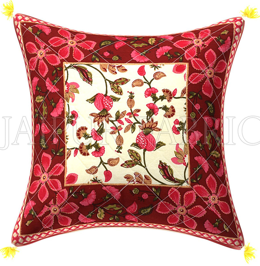 Maroon Base Pink Flower  Pattern Cotton  Cushion Cover