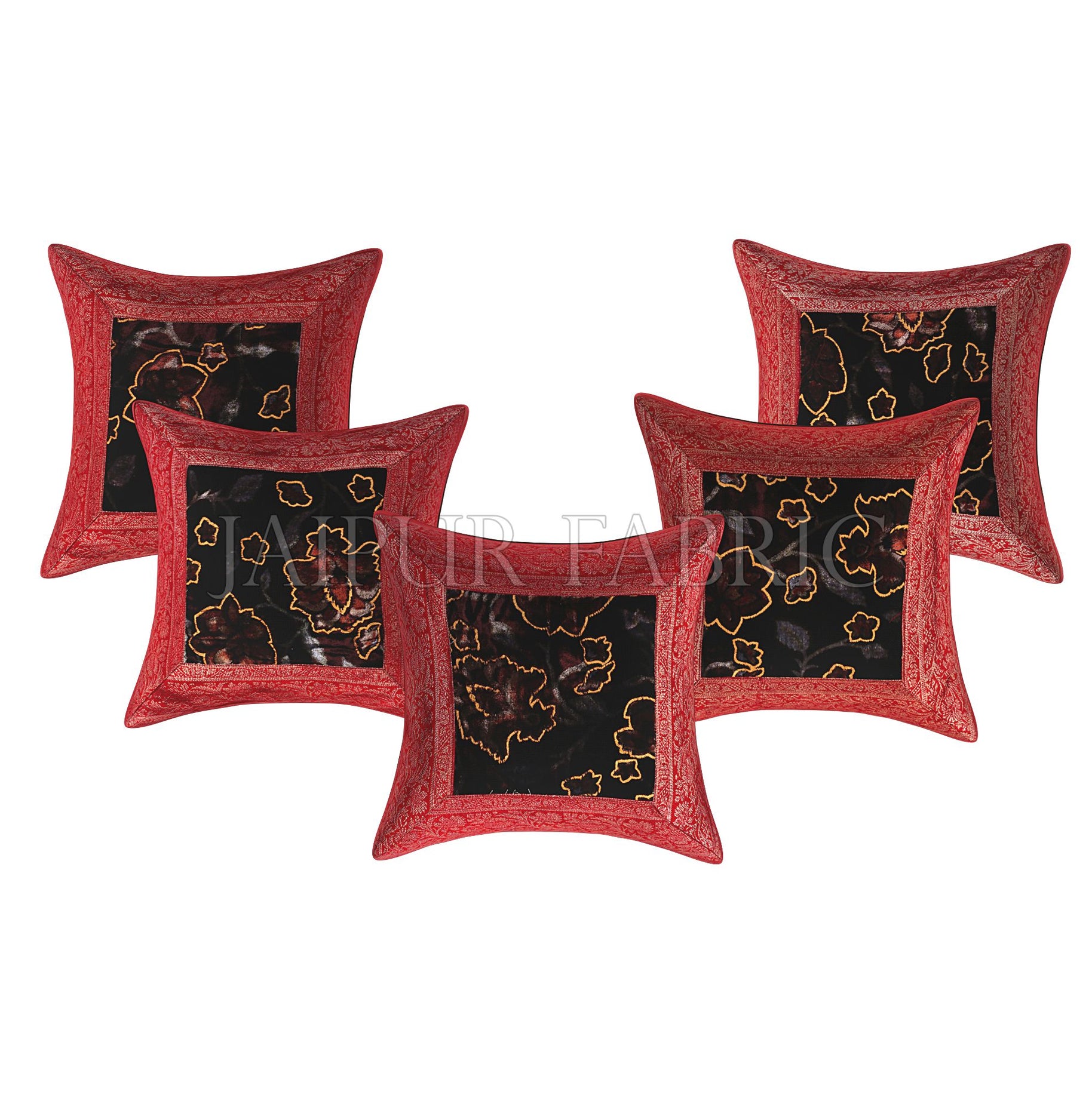 Brown Base Gota Work Red Border Velvet Floral Print Velvet Cushion Cover