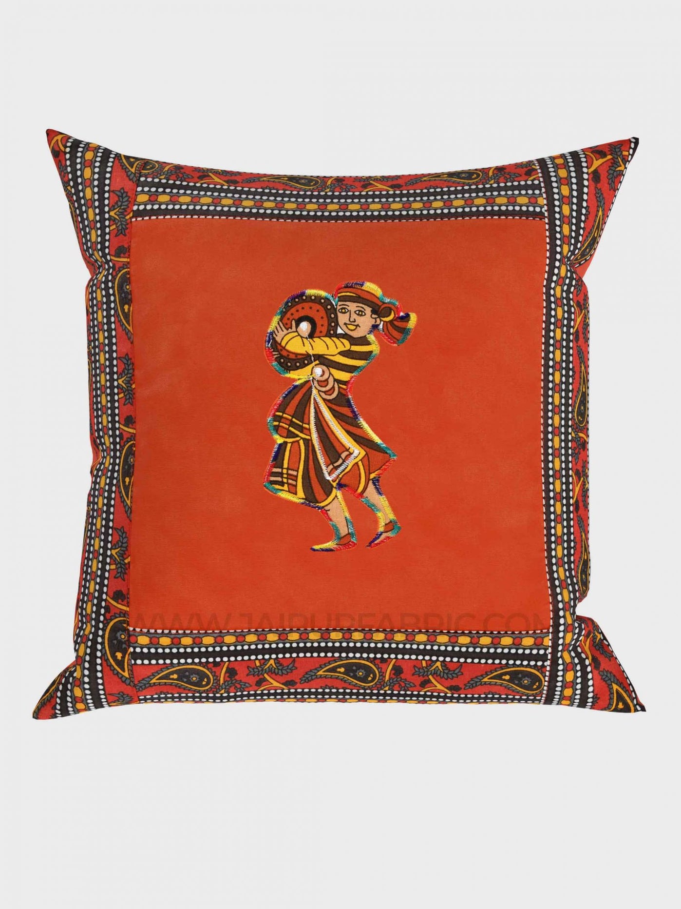 Applique Orange Chang Dance Jaipuri Hand Made Embroidery Patch Work Cushion Cover