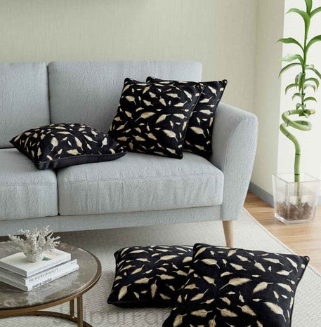 Black Gold Feather Leaf Print Cushion Cover