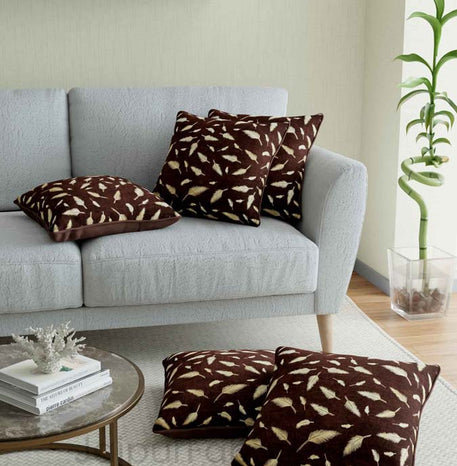 Coffee Gold Feather Leaf Print Cushion Cover