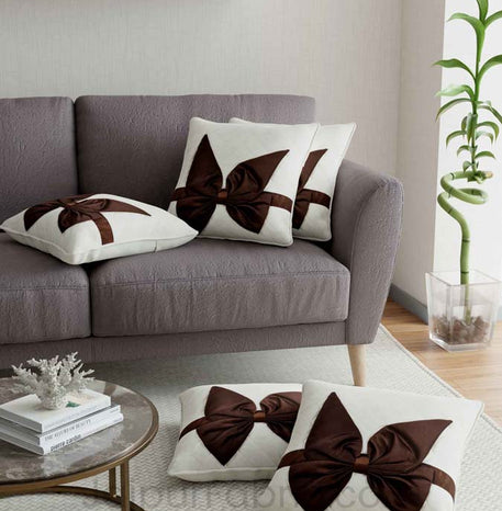 White Brown Bow Tie Square Cotton Cushion Cover