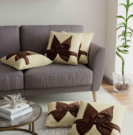 Beige Brown Bow Tie Square Cotton Cushion Cover