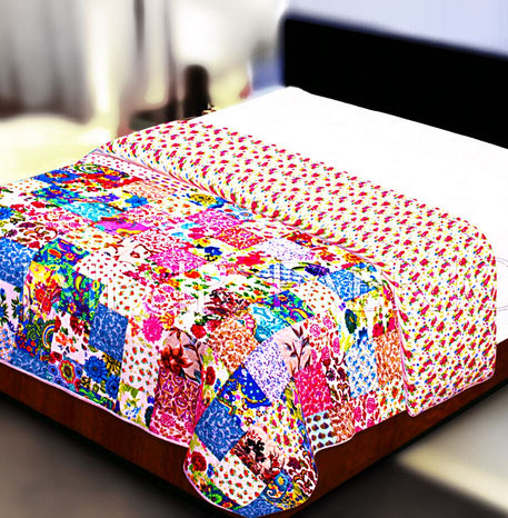 Multi Color Patchwork Double Sided Printed Red Floral Double Bed Comforter