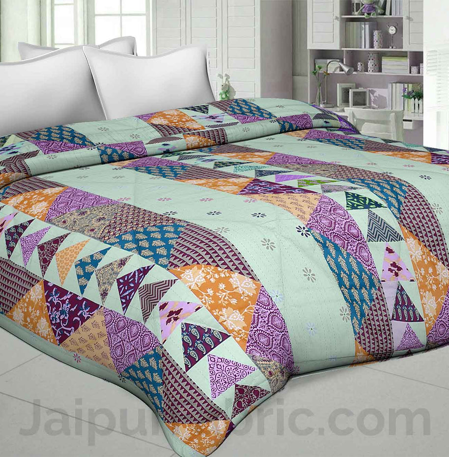 Olive Twill Cotton  Double Bed With Colorful Patchwork Design Comforter