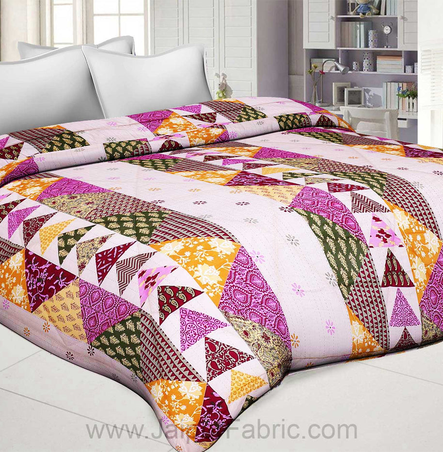 Pink Twill Cotton  Double Bed With Colorful Patchwork Design Comforter