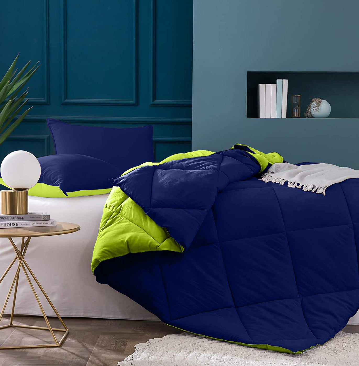 Navy Blue-Lemon Green  Double Bed Comforter