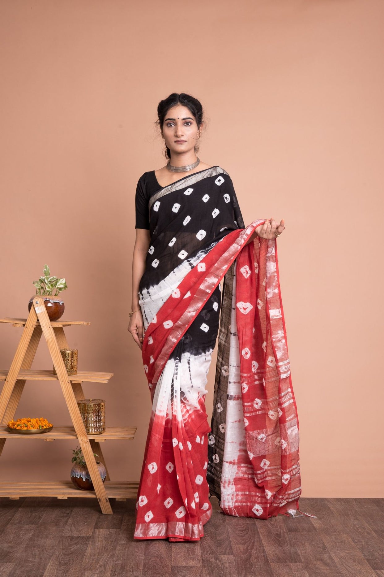 Multi-Color Women Tie And Dye Cotton Linen Saree with Unstitched Blouse