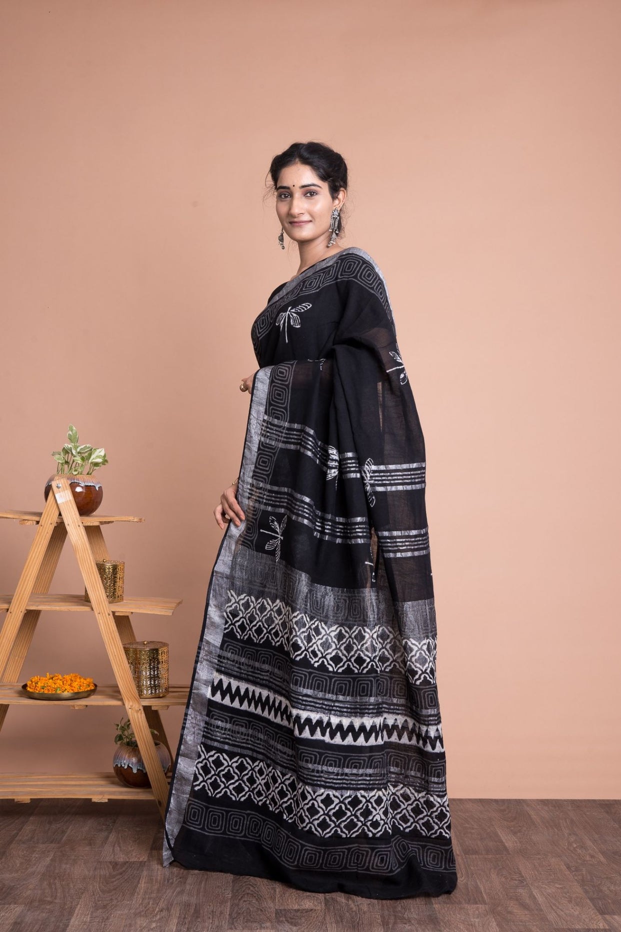 Hand Block Printed Cotton Linen Saree with Unstitched Blouse - Black