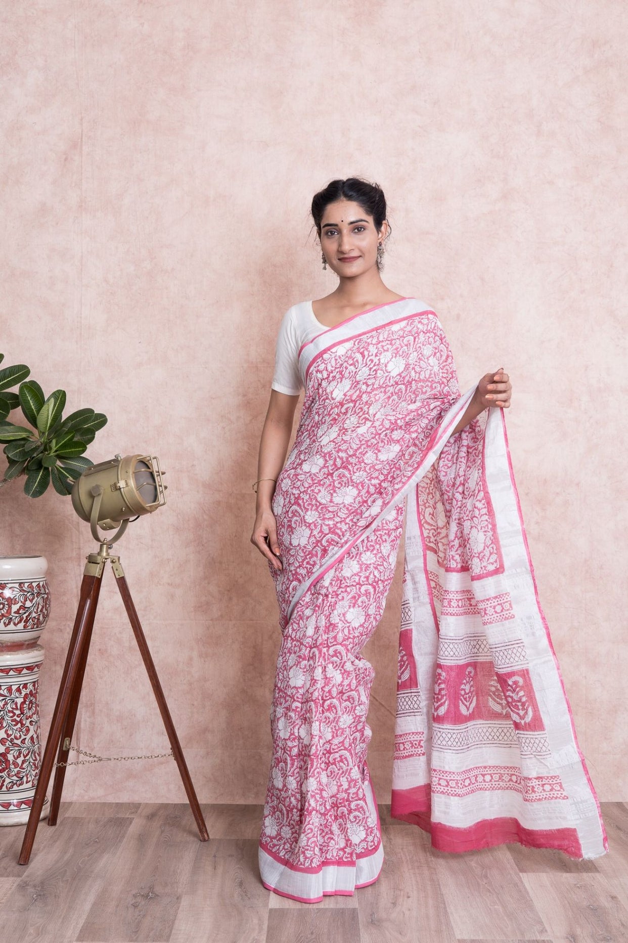 Women Pigment Print Kalamkari Cotton Linen Saree with Unstitched Blouse - Pink