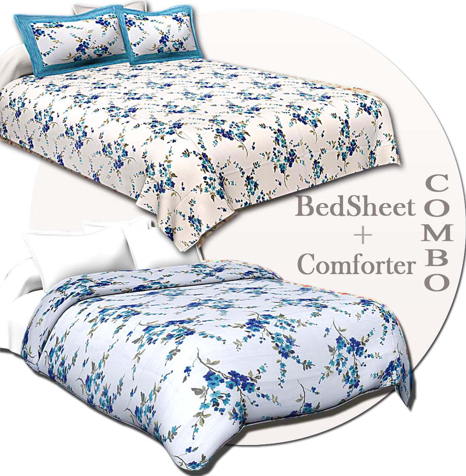 COMBO61 Blue Floral Design 1 Cotton Double Bedsheet + 1 Dohar Combo