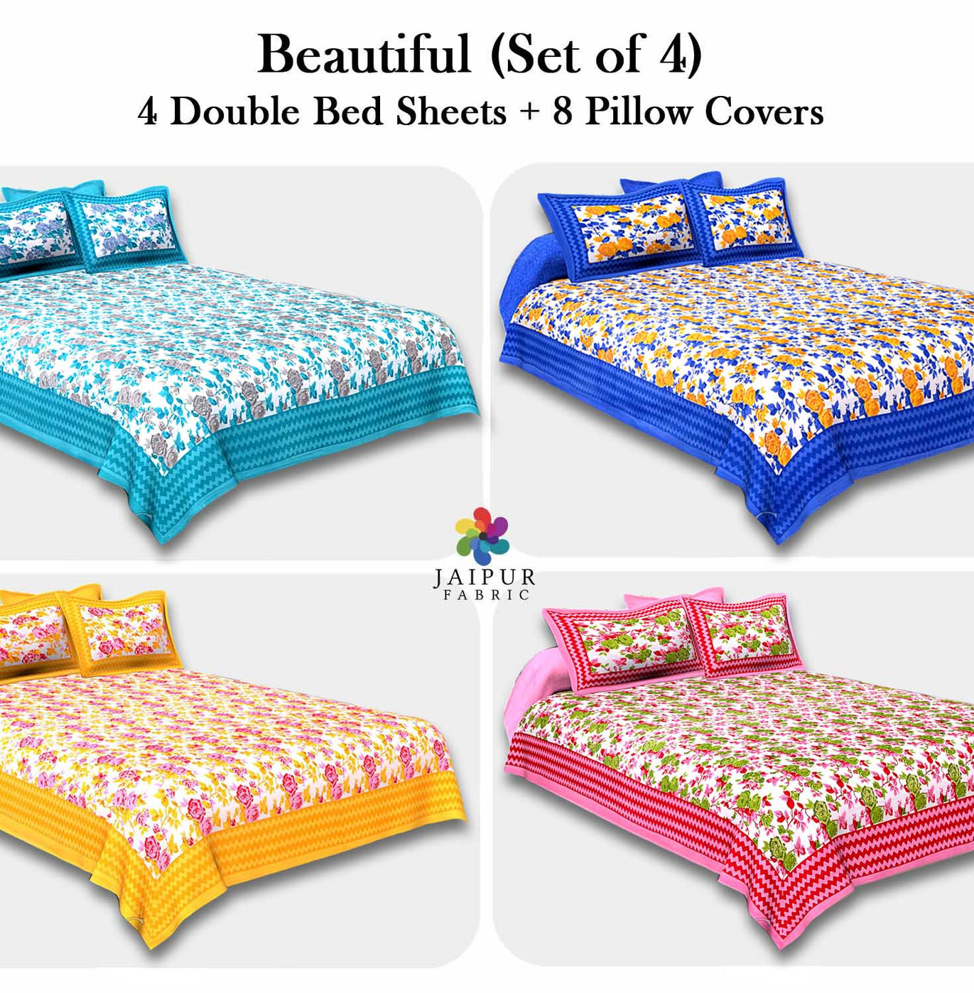 COMBO116 Beautiful Multicolor 4 Bedsheet + 8 Pillow Cover