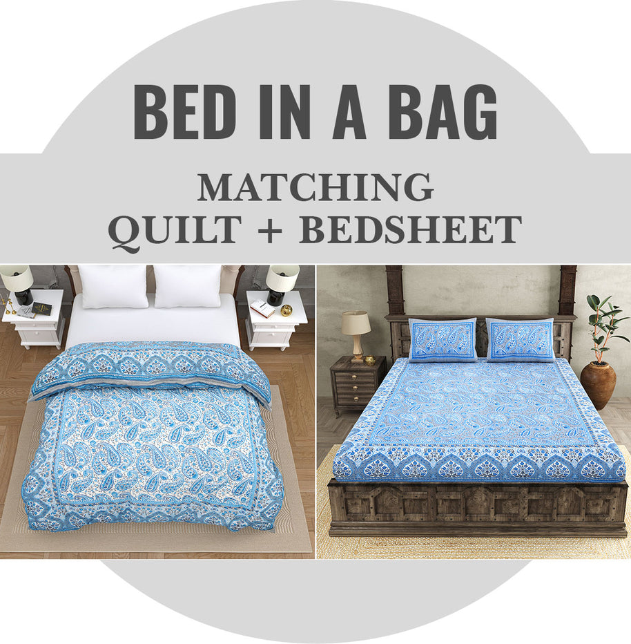 Paisley Blue Premium Cotton Bed in a Bag Set of 4