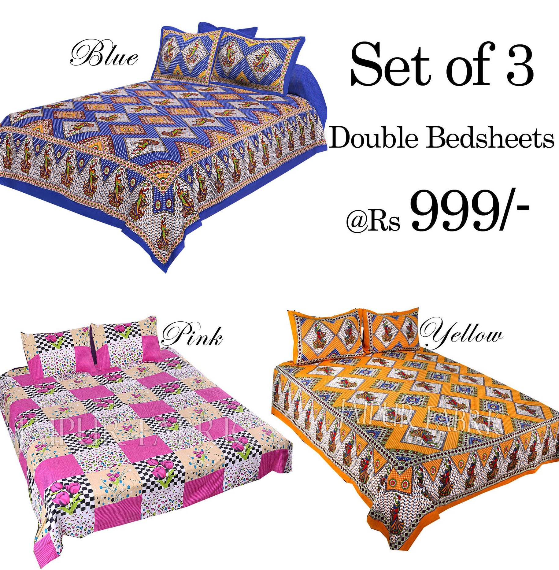 COMBO26 - Set of 3 Double Bedsheets with 6 Pillow Covers