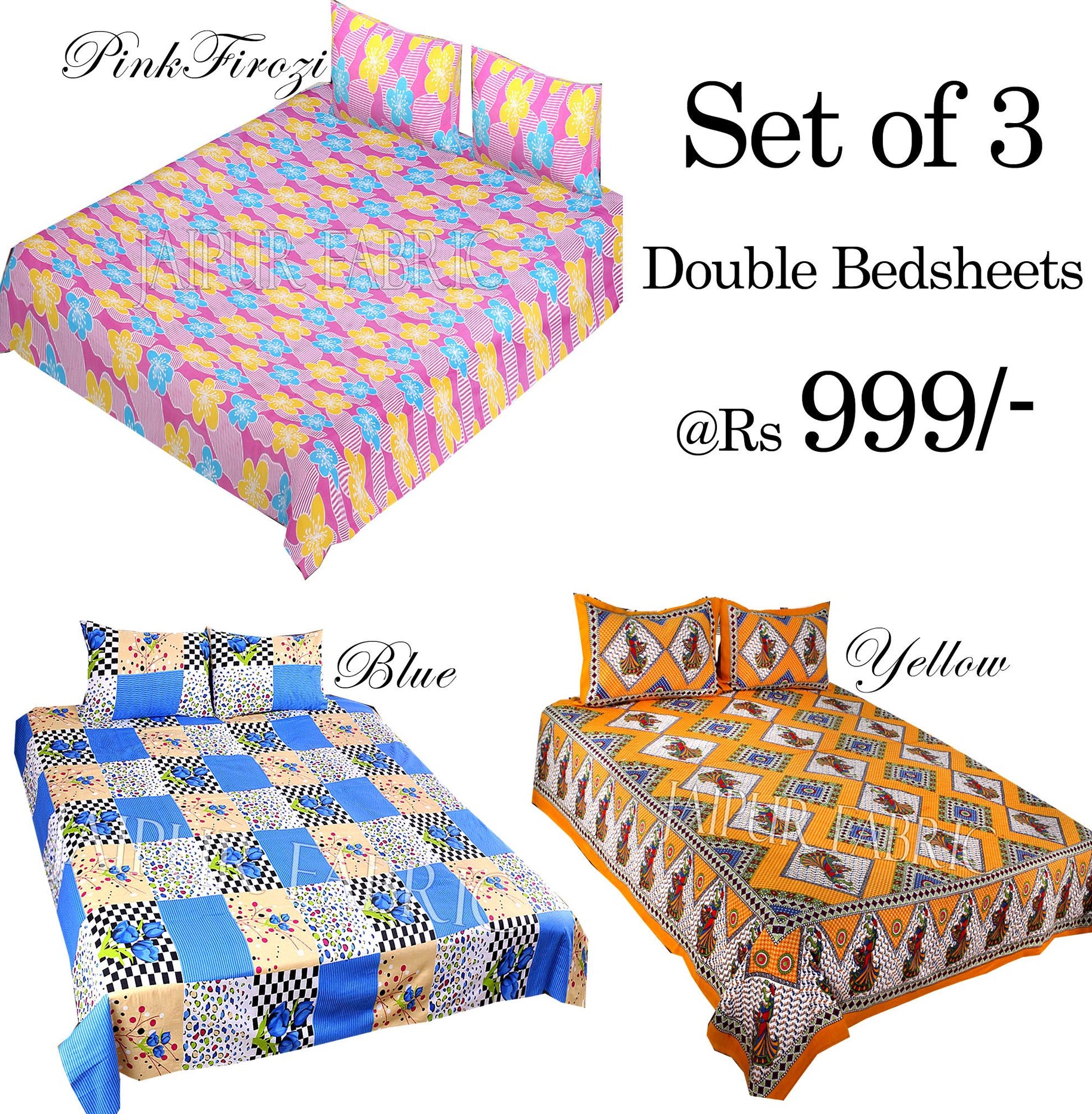 COMBO28 - Set of 3 Double Bedsheets with 6 Pillow Covers