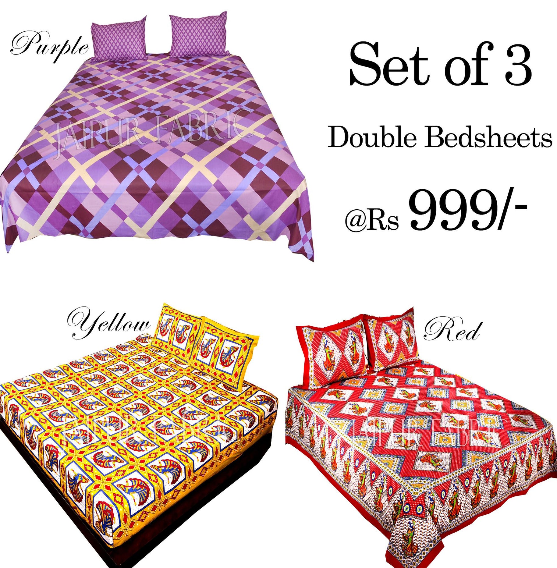 COMBO29 - Set of 3 Double Bedsheets with 6 Pillow Covers