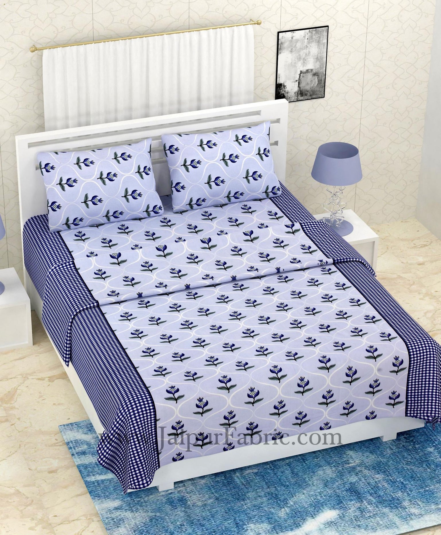 COMBO338 RETRO GREY BLUE FLORAL PRINT BEDSHEET + COMFORTER SET