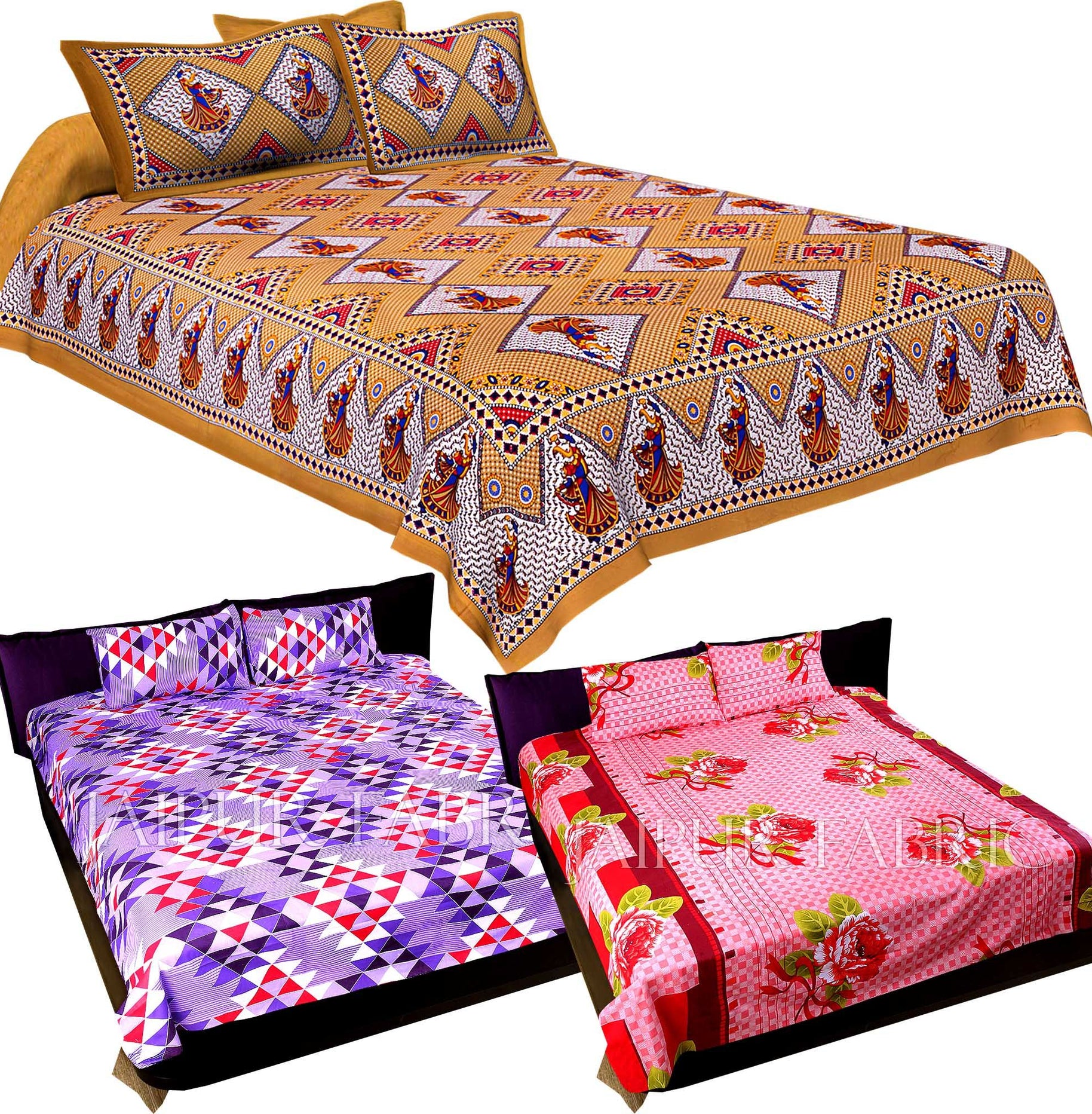 COMBO34 - Set of 3 Double Bedsheets with 6 Pillow Covers