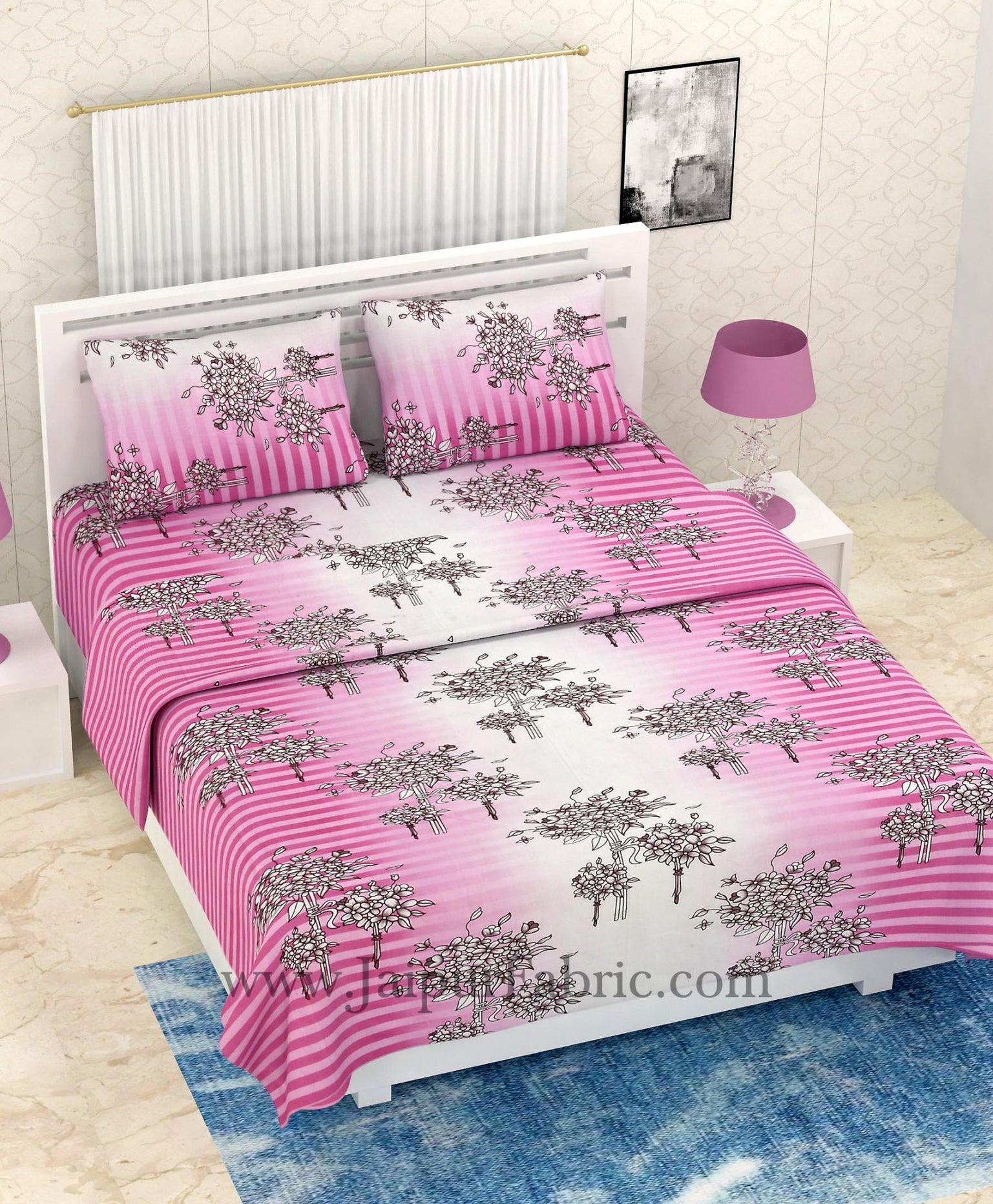 COMBO343 MULTI STRIPE PINK FLORAL PRINT BEDSHEET + COMFORTER SET