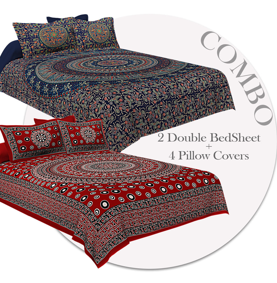 COMBO352 Beautiful Multicolor 2 Bedsheet + 4 Pillow Cover