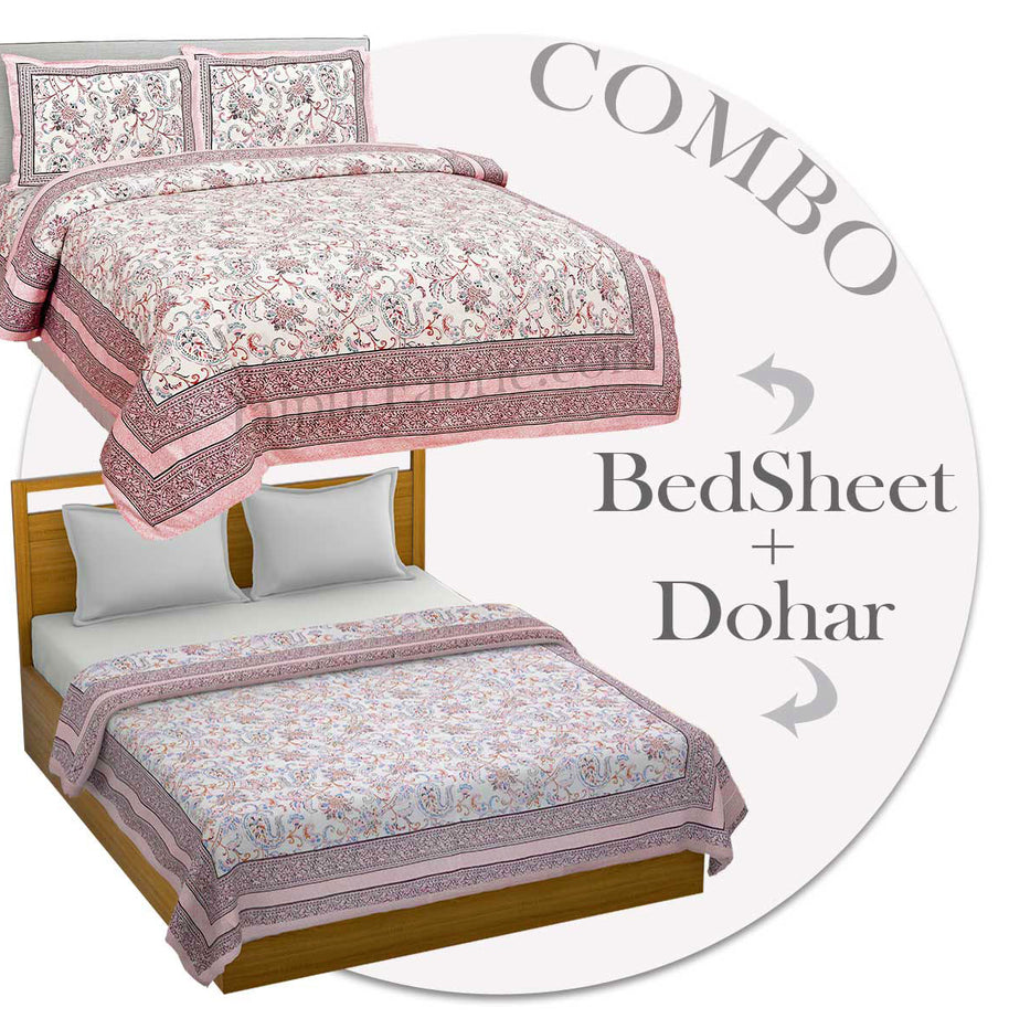 Combo376 Bed in a Bag Pink Floral  1 Dohar + 1 Double BedSheet + 2 Pillow Covers