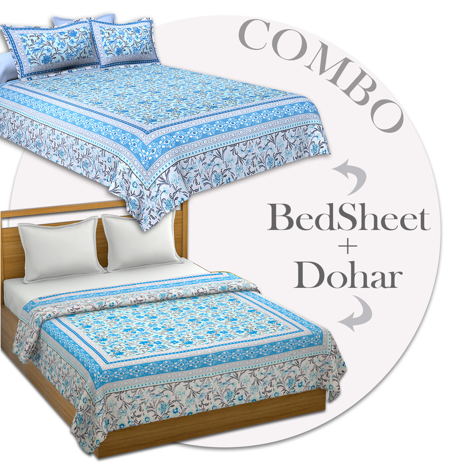 Combo374 Bed in a Bag Blue Leaves  1 Dohar + 1 Double BedSheet + 2 Pillow Covers