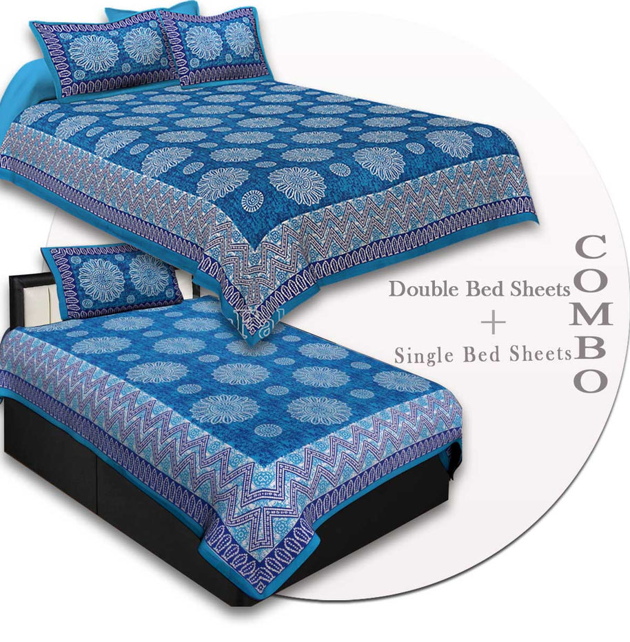 COMBO41- Set of 1 Double Bedsheet and  1 Single Bedsheet With  2+1 Pillow Cover