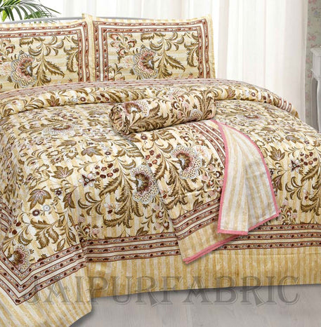 Bed in a Bag Golden Vector Floral 1 Dohar + 1 Double BedSheet + 2 Pillow Covers