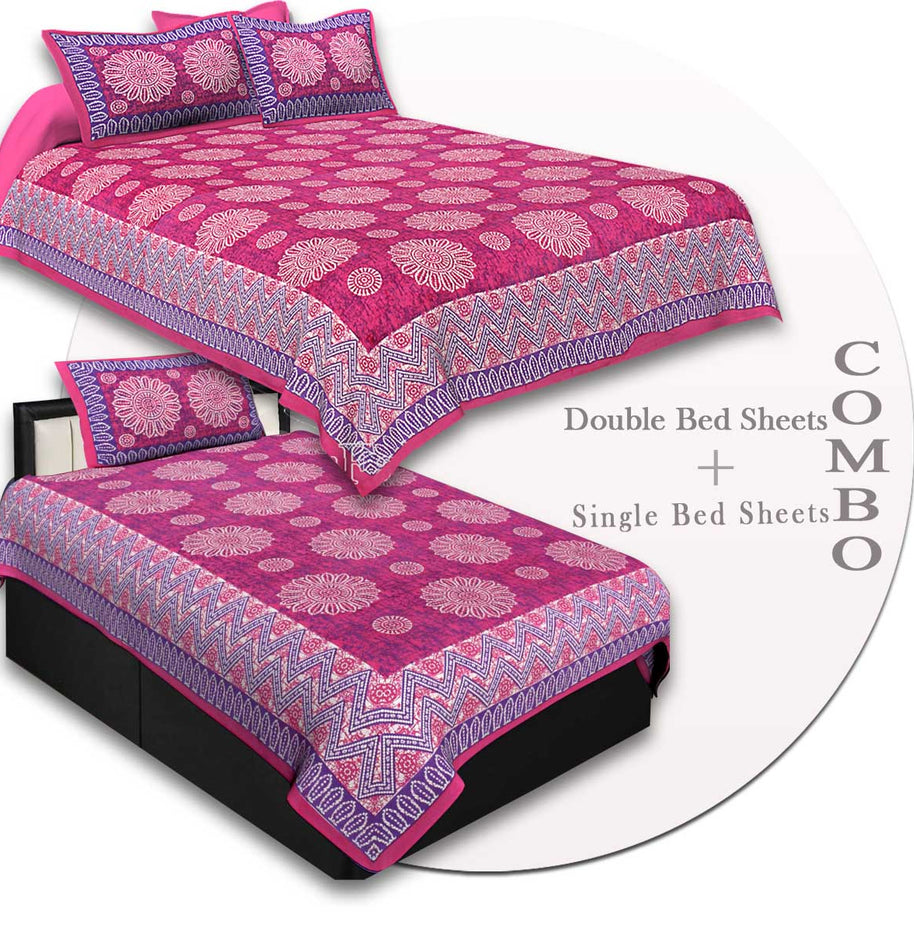 COMBO43- Set of 1 Double Bedsheet and  1 Single Bedsheet With  2+1 Pillow Cover