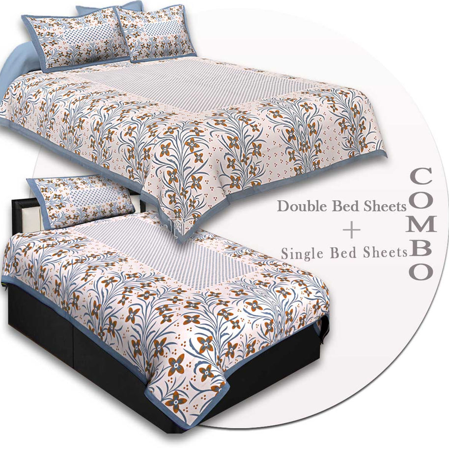 COMBO45- Set of 1 Double Bedsheet and  1 Single Bedsheet With  2+1 Pillow Cover