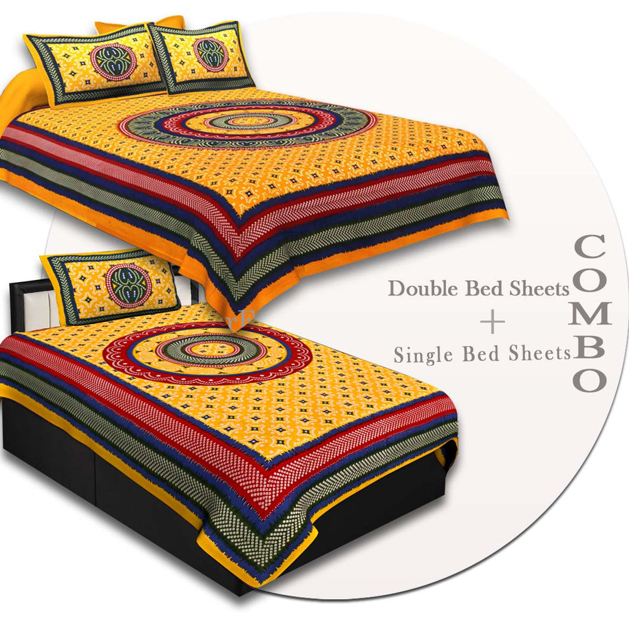 COMBO51- Set of 1 Double Bedsheet and  1 Single Bedsheet With  2+1 Pillow Cover