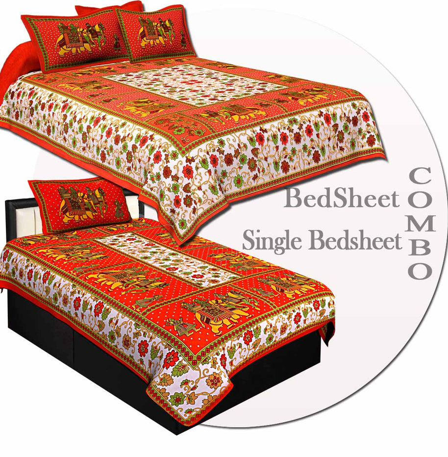 COMBO72- Set of 1 Double Bedsheet and  1 Single Bedsheet With  2+1 Pillow Cover