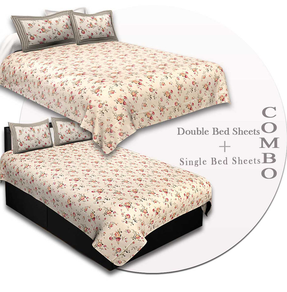 COMBO85- Set of 1 Double Bedsheet and  1 Single Bedsheet With  2+2 Pillow Cover