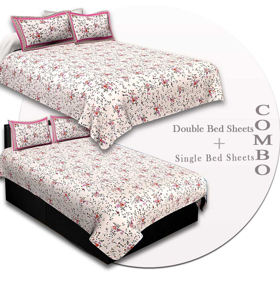 COMBO86- Set of 1 Double Bedsheet and  1 Single Bedsheet With  2+2 Pillow Cover