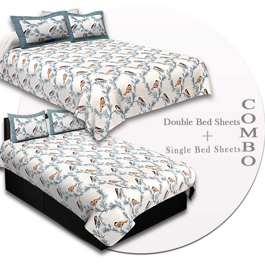 COMBO87- Set of 1 Double Bedsheet and  1 Single Bedsheet With  2+2 Pillow Cover