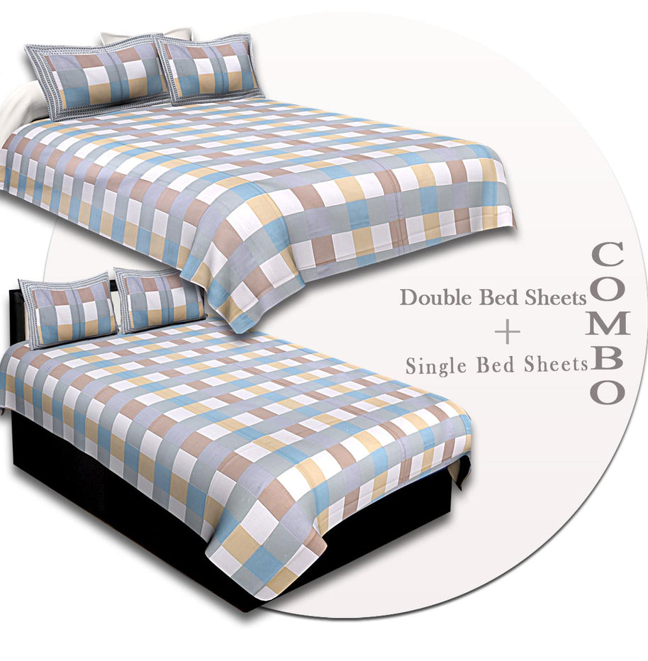 COMBO92- Set of 1 Double Bedsheet and  1 Single Bedsheet With  2+2 Pillow Cover