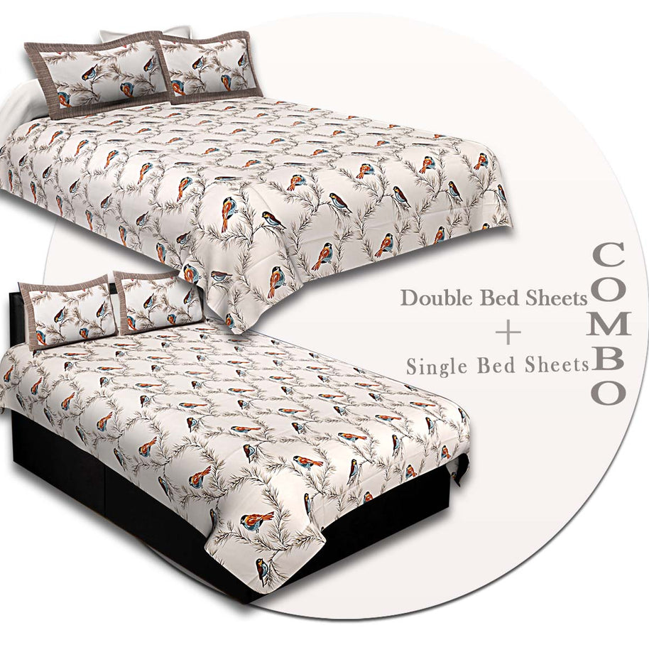 COMBO95- Set of 1 Double Bedsheet and  1 Single Bedsheet With  2+2 Pillow Cover