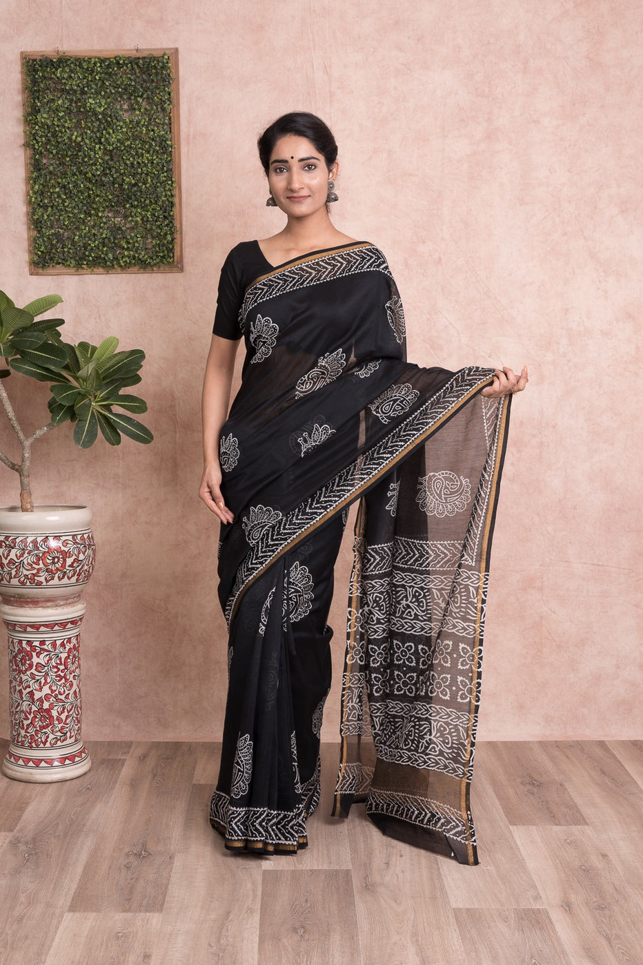 Hand Block Printed Chanderi Silk Saree with Unstitched Blouse - Black