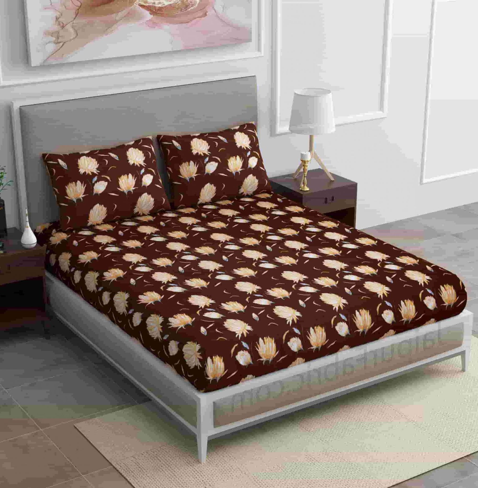 Chocolate Brown Lotus Floral Super Soft Double Bedsheet