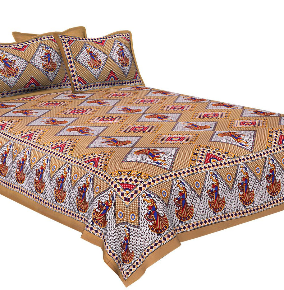 Brown base jaipur Folk dance Design Double Bedsheet With Pillow Covers