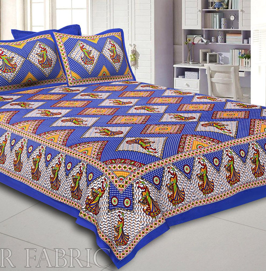 Blue Base jaipur Folk dance Design Double Bedsheet With Pillow Covers