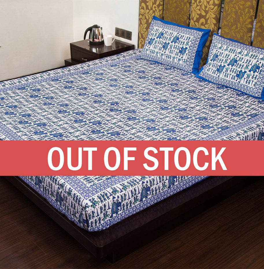 Blue Pastel Color Jaipuri Fat Wedding Print Cotton Double Bed Sheet