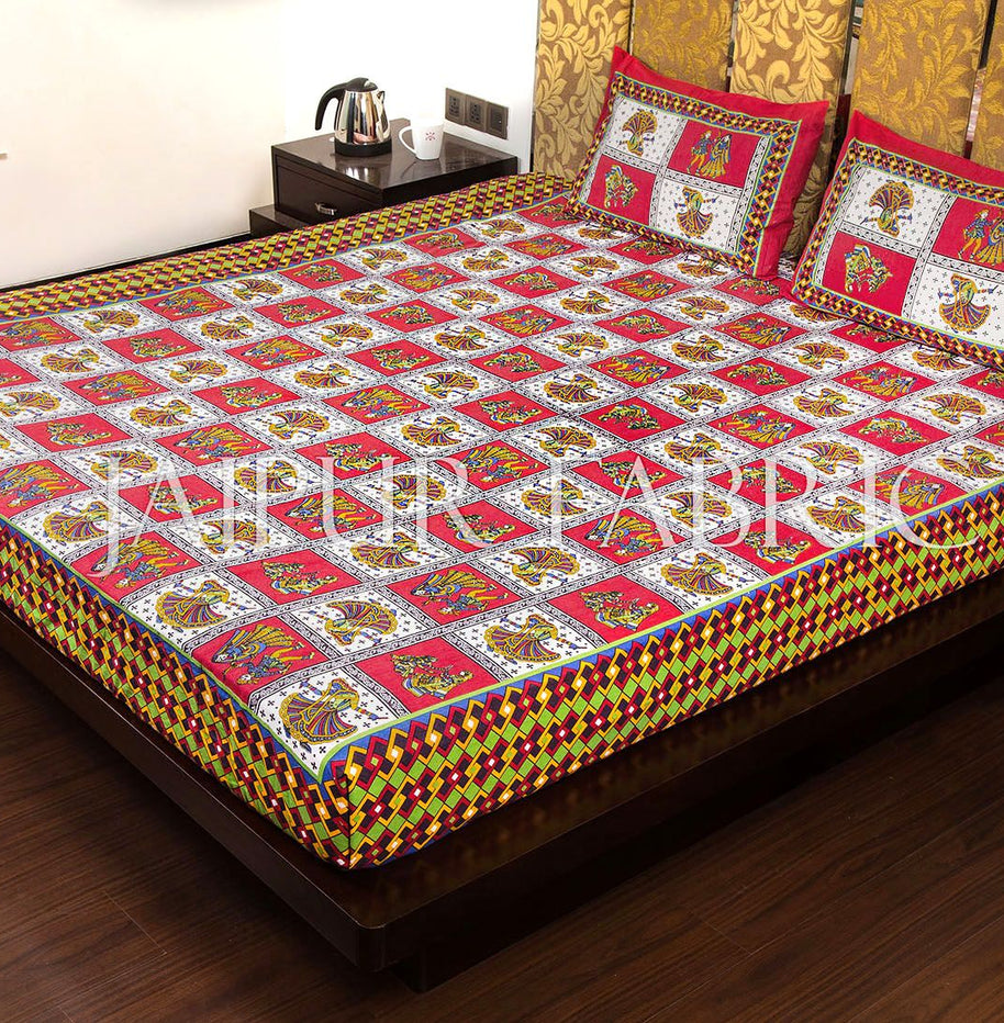 Maroon Color Jaipuri Folk Dance Print Cotton Double Bed Sheet