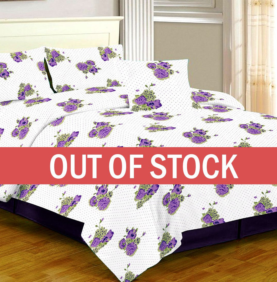 White Base Purple Flower Dotted Print Double Bed Sheet