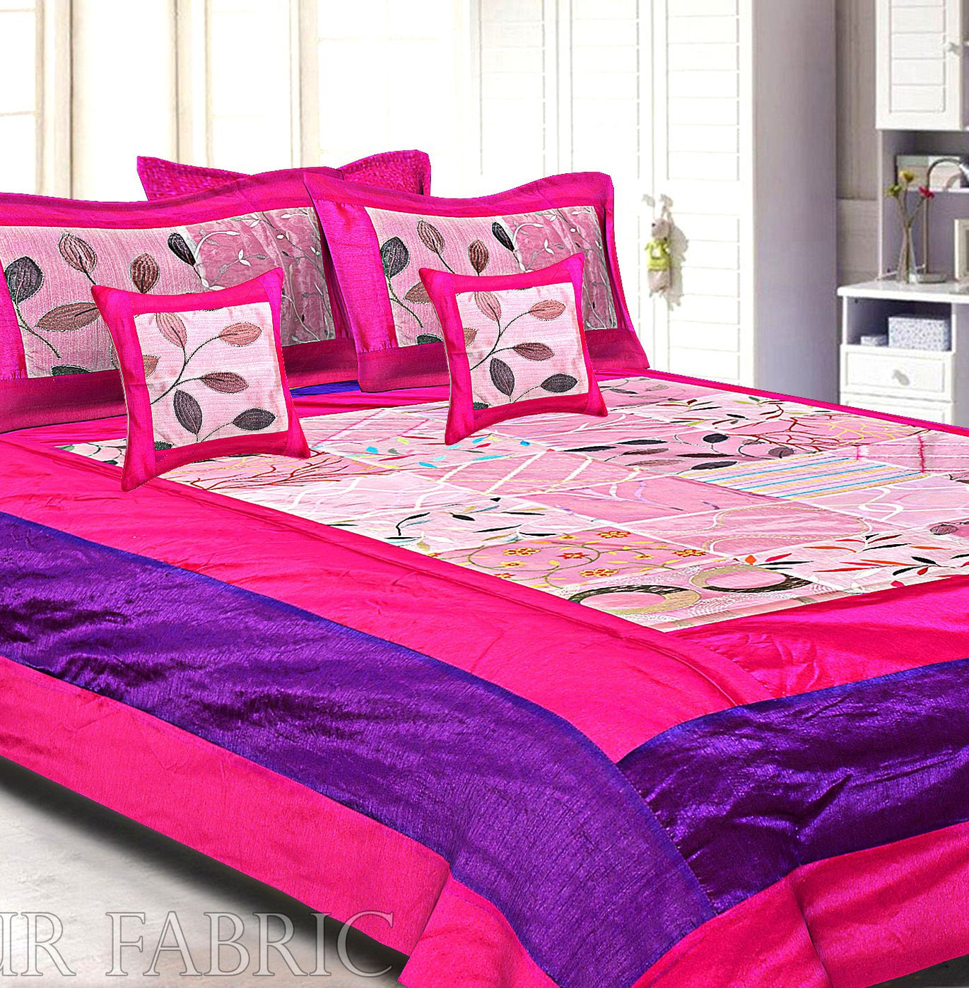 Magenta And Purple Border Pink  Tisue Tukdi With Embroidery Silk Double Bedsheet